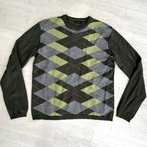 Sisley Olive Green & Gray Argyle Crewneck Sweater
